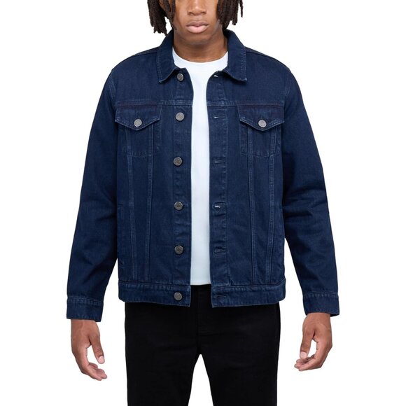 Mens Navy Denim Jacket Washed Ripped Distressed Stretch Casual Trucker - Picture 1 of 9